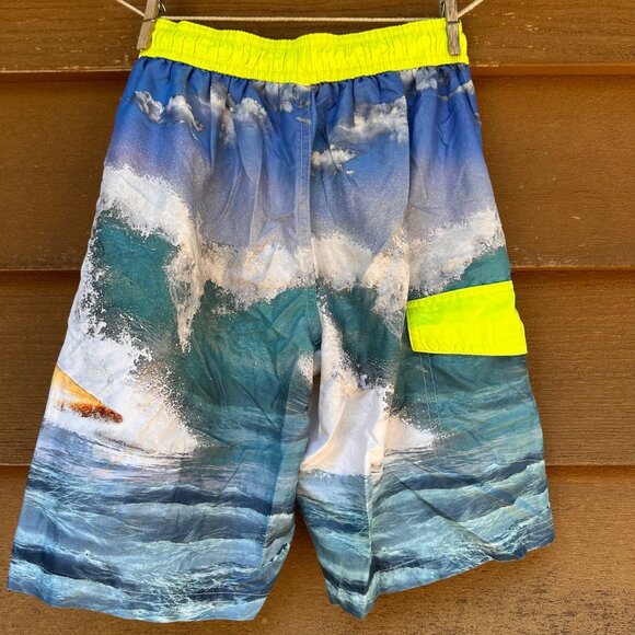 OP Boys Shark Swim Trunks Blue Ocean Surf Print Neon Yellow Waistband Size M 8 - Picture 3 of 9